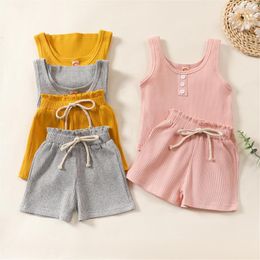 Clothing Sets 2-6Y Summer Toddler Baby Boys Girls Suits Cotton Kids Outfits Children Ribbed Knitted Sleeveless Vest Tops Elastic Waist