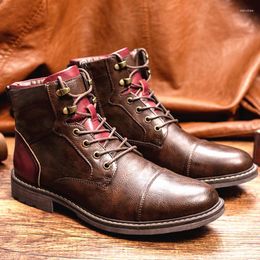 Boots Stylish Retro High Men's Leather Shoes Dress Business Working Brown Male Lace-up Flat Casual Comfortable