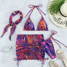 Women's Swimwear Wave Print Swimsuit Sexy Bathing Suits 4 Piece Bikinis Beach Sarong Micro Thong Swimwear Swimming Women Bandage Beachwear 230519