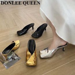 Slippers 2023 New Arrival Gold Outer Wear Slippers Women Fashion Slip On Square Toe Stiletto Comfortable Heel Slide For Party Shoes J230519