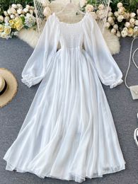 Basic Casual Dresses LY VAREY LIN Spring Autumn Women Elegant Holiday Dresses Puff Sleeve Slash Neck Off Shoulder Smocked White Chiffon Dresses 230519