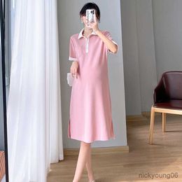 Maternity Skirt Summer Style Contrast Colour Polo Collar Casual T-Shirt Dress Pregnancy Loose Plus Size Dress Summer New R230519