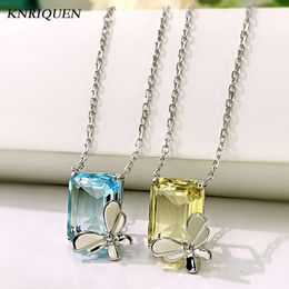 Chains 2023 925 Sterling Silver 10 14mm Aquamarine Stone Topaz Crystal Gemstone Butterfly Pendant Necklace Fine Jewelry For Women