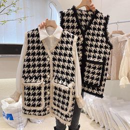 Women's Vests Clothing All-match Houndstooth Knitted Vest Spring Autumn Single-breasted Black Sleeveless Jacket Y197