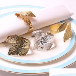 Napkin Rings Electroplated Antique Gold Leaf Ring Feather Buckle Vintage Leaves Tissue Fall Festival Party Table Decor Drop Delivery Dhz9J