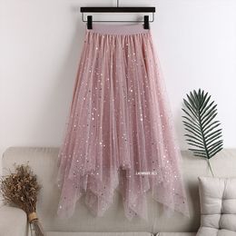 Skirts High Quality Plus Size Elastic High Waist Long Tulle Skirt Summer Women Fashion Star Sequined Irregular Hem Mesh Tutu Skirt 230519