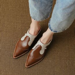 Slippers Summer Shoes Women Covered Toe Chunky Heel Mules Split Leather For Slingback Sandals Handmade