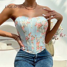 Womens Tanks Camis Women Floral Print Tank Tops Bohemian Single Breasted Cropped Tops Party Chic Sexy Summer Off Shoulder Strapless Tanks 230519