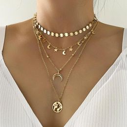 Pendant Necklaces Fashion Boho Gold Color Sequins Star Moon Horn Hollow Earth Necklace For Women Vintage Multilevel Chain Collar Jewelry