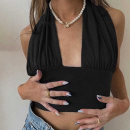 Women's Tanks Camis Women Strappy Cross Over Front Cut Out Halter Neck Sleeveless Backless Crop Top Bandage Vest Summer Sexy Tops Woman Clothes P230519