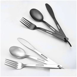 Flatware Sets Black Portable Knife Fork Spoon Set 3Pcs Home Use Travel Cam Cutlery Drop Delivery Garden Kitchen Dining Bar Dhkxg