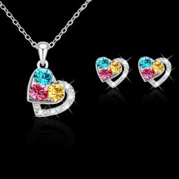 Colourful Zircon Heart Pendant Earrings Necklace Set Women Fashion Jewellery Multicolor Geometric Crystal Earrings Jewellery Gifts