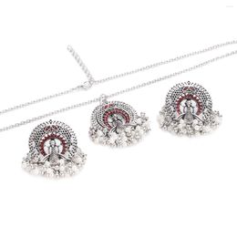 Necklace Earrings Set Vintage Silver Color Peacock Jewelry For Women Wedding Crystal Pearl Tassel Sets