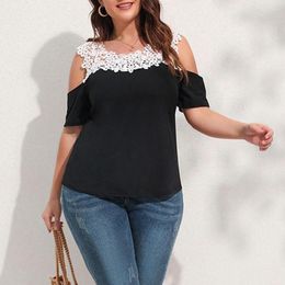 Women's Blouses Women Top Short Sleeves Lace Hollow Out Colour Matching Round Neck Off Shoulder Loose Flower Embroidery Chic T-shirt