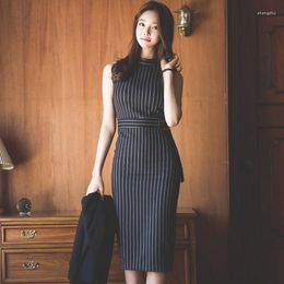 Work Dresses Women Blazer Dress Set Two Pieces Suit Office Ladies Formal Jacket With Belt O Neck Vertical Striped Clothing