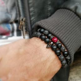 Charm Bracelets 8mm Black Energy Yoga Skull Bracelet For Men Women Natural Matte Lava Stones Buddhist Strand Beads Jewelry