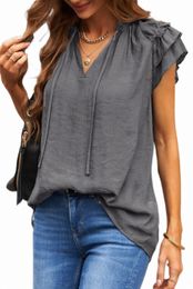 Grey Tiered Ruffled Drawstring V Neck Top 2023 Hot New D1Hz#