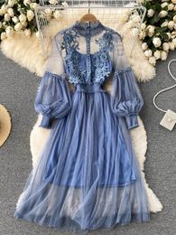 Basic Casual Dresses Spring Women Lace Flower Dress Gauze Lantern Sleeve Voile Long Dress Female Retro Hook Princess Dress 2 Piece Set 230519