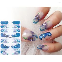 Nail Stickers 14 Tips Watercolor Sea Blue Gel Polish For Manicure Full Glitter 3D Decor Nails Art