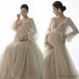 Women's Champagne Maternity Photo Shoot V-Neck Long Sleeves Tulle Floral Pregnant Photography Props Long Mesh Dress R230519