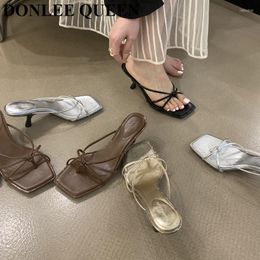 Slippers 2023 Fashion Narrow Band Women Hig H Heels Clip Toe Sandals Elegant Dress Pumps Gold Sliver Slides Flip Flops Mujer