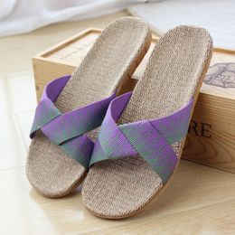 Slippers Summer Women Home Footwear Indoor Outdoor Shoes Cross Strap Mixed Colours Linen Sole Non Slip Comfy Ladies