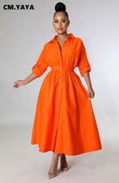 Basic Casual Dresses CM.YAYA High Waist Tunic Big Swing Solid Elegant Maxi Dress for Women Summer Elegant Streetwear Shirt Long Dresses 230519