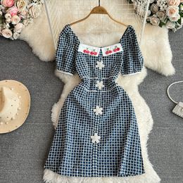 2023 Summer New Retro Palace Style Dress Embroidered Square Neck Bubble Sleeves Wrap Up Waist to Show Slim Small A-line Dress