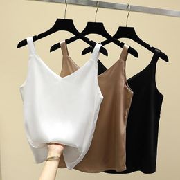 Camis 2022 New Fashion Tank Tops Women Satin Silk White Spaghetti Strap Halter Top V Neck Cami Sleeveless Woman Summer Camisole Femme