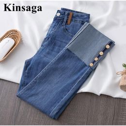 Jeans Harajuku Buttons Patchwork Stretch Skinny Jeans for Women XXL High Waist High Stretchy Distressed Pencil Capris Blue Denim Pant