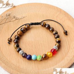 Beaded Tiger Eye Stone Bracelet Adjustable Strands Braided Rope 8Mm Men Women Yoga 7 Chakra Healing Nce Bracelets Drop Delive Dhgarden Dhrvq