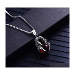 Pendant Necklaces Classic Domineering Dragon Claw Stainless Steel Necklace For Men Punk Red Black Crystal Ball Fashion Jewelrypendan Dhsdt