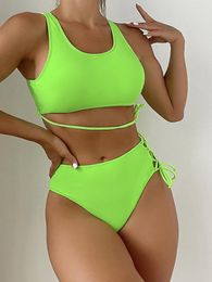 Women's Swimwear High Neck Bikini 2023 Women Sexy Waist Swimsuit Green String Female Bathers Bathing Swimming Suit Summer Beachwear