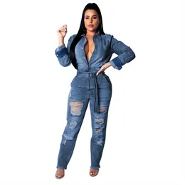 Women's Jumpsuits & Rompers Spring Jumpsuit Sexy Old Washed Fashion Pants Scrub With Belt Holes Blue Denim FemaleWomen's