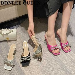 Slippers New Rhinestone Butterfly Knot Slippers Fine Heel Sandal Women Crystal Fairy Pink Blue Bow Diamond High Heel Mule Shoes For Party J230519