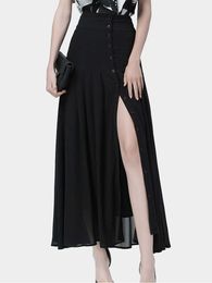 Pleated Skirts High Waist A-line Chiffon Skirt Women 2023 Vintage Sexy Button Slit Long Skirt For Ladies P230519