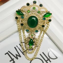 Double Chain Tassel Green Resin Gemstone Brooch Court Pin Silk Scarf Buckle Female Corsage