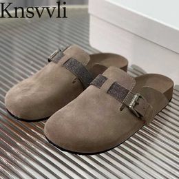 Cow Suede Slippers Women String Bead Flat Shoes Women Round Toe Metal Buckle Slides Fashion Comfort Half Slipeprs Woman X230519