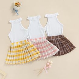 Clothing Sets CitgeeSummer Kids Baby Girl Clothes Solid Colour Ribbed Sleeveless Tops And Plaid Printed Mini Pleated Skirt Set Outfit