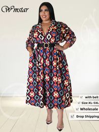 Plus size Dresses Wmstar Size for Women with Belt V Neck Print Casual Maxi Dress Elegant Fashion Streetwear Wholesale Drop 230518