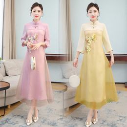 Dress Vintage Embroidery Chinese Style Dresses for Women Spring Stand Collar Elegant Cheongsam Ladies Chiffon ALine Dress