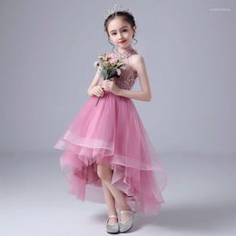 Girl Dresses Flower Illusion Halter Sequined Sleeveless Lace Tulle Luxury Pink Princess Knee-Length Lovely Kids Party Gown H339