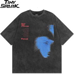 Mens TShirts Men Streetwear Hip Hop Oversize T Shirt Blue Shadow Letter Graphic Vintage Washed Black Harajuku Tshirt Tees Cotton 230518