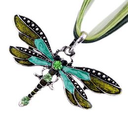 Pendant Necklaces Dragonfly Necklace Vintage Ribbon Cord Purple Red Green Crystal Bead Jewellery For Women Girls Drop Delivery Dhgarden Dhyqt