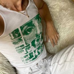 Women's Tanks Camis 2022 O Neck Green Print Crop Top Women Sleeveless Off Shoulder Vintage Fashion T Shirts 90s Y2K Sexy Casual Tank Tops P230519