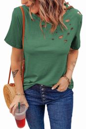 green Holes Crew Neck Cotton Mixed T-shirt 2023 Hot New E4TK#