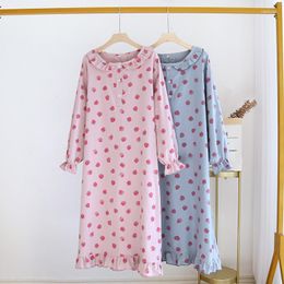 Women's Sleepwear Spring And Autumn Ladies Long Skirt Cotton Knitted Cute Cartoon Nightdress Round Neck Sweet Sleeve Homewear