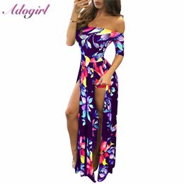 Dresses Women Floral Print Hobo Beach Long Dress Summer Elegant Off Shoulder Half Sleeve High Slit Party Dresses Outfit Beach Vestidos