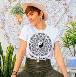 Women's T Shirts Women's Summer Mandala Print Y2k T-shirt One Love Letters Short Sleeved Tees Yoga Casual Sport Clothing Loose Fit