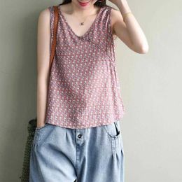 Women's Tanks Camis Summer New Arts Style Women Sleeveless Loose Casual V-neck Tank Tops Vintage Print Cotton Linen Tank Femme Top Quality M271 P230519